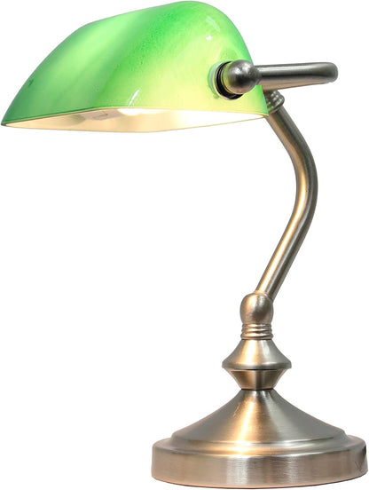 LT3057-GRN Brushed Nickel Mini Traditional Banker's Lamp with Glass Shade, Green