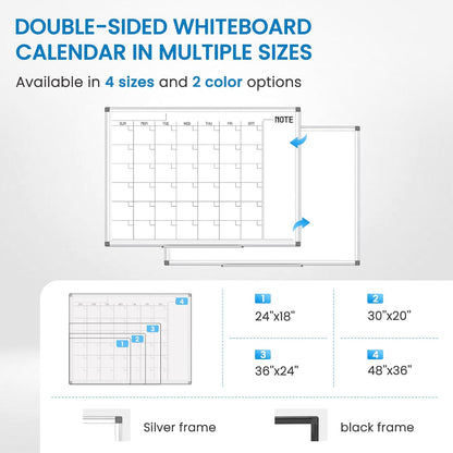 Calendar Whiteboard 24x18 Double-Sided Dry Erase Board for Wall