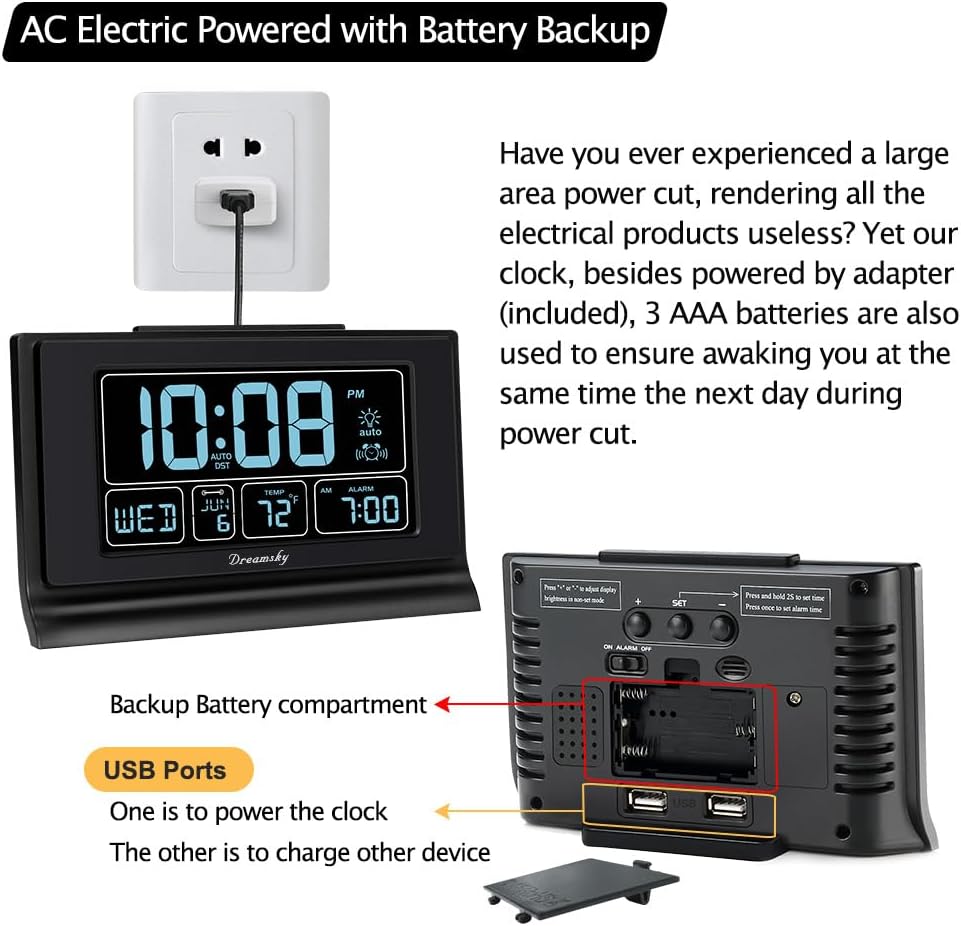 Alarm Clocks for Bedrooms with Battery Backup, Auto Set