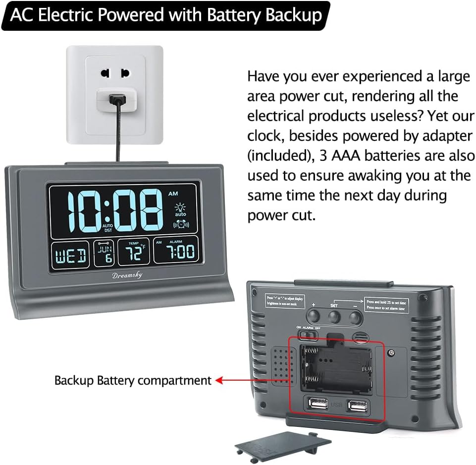 Alarm Clocks for Bedrooms with Battery Backup, Auto Set