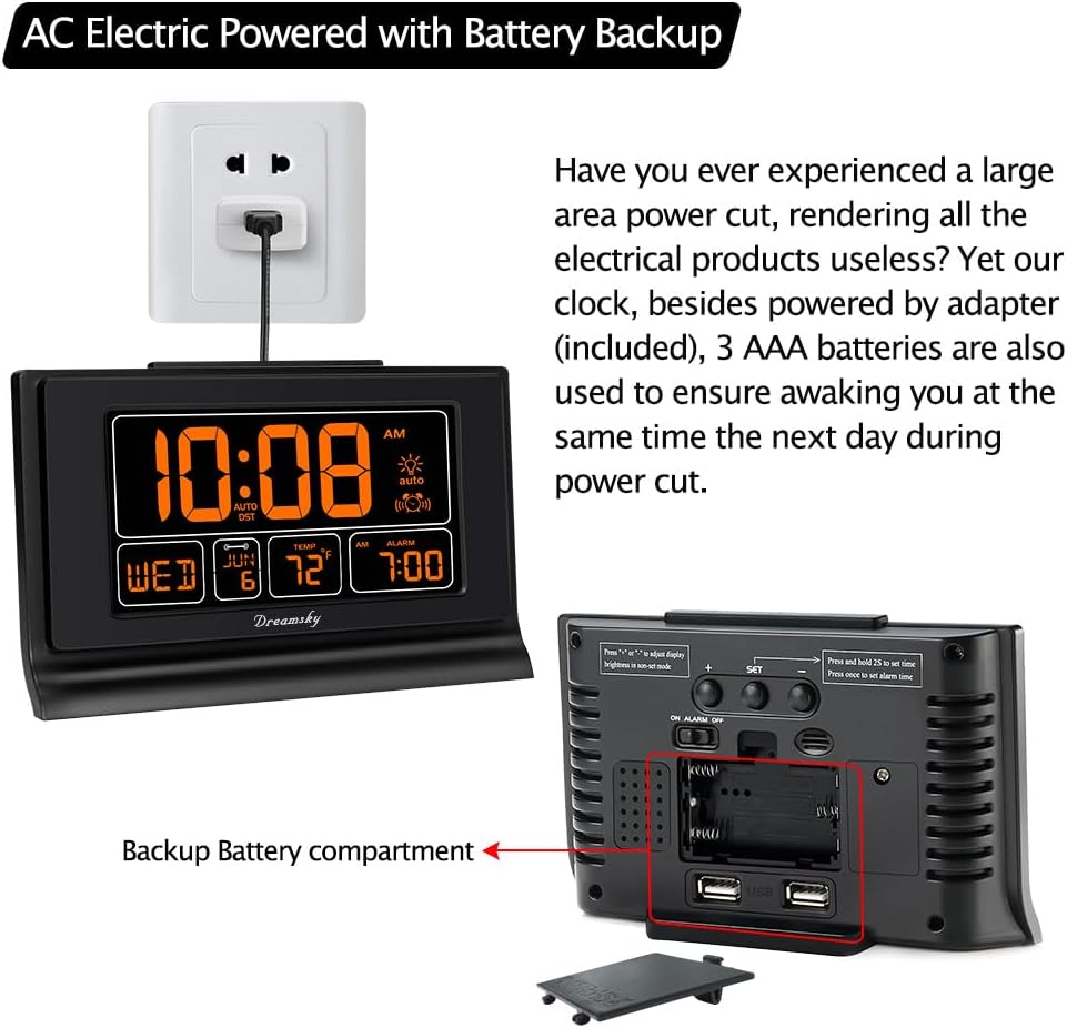 Alarm Clocks for Bedrooms with Battery Backup, Auto Set