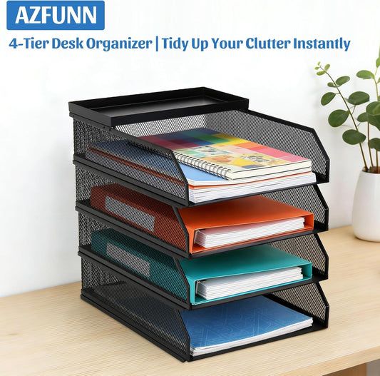 4 Tier Paper Tray Organizer for Desk, Stackable Office Organization