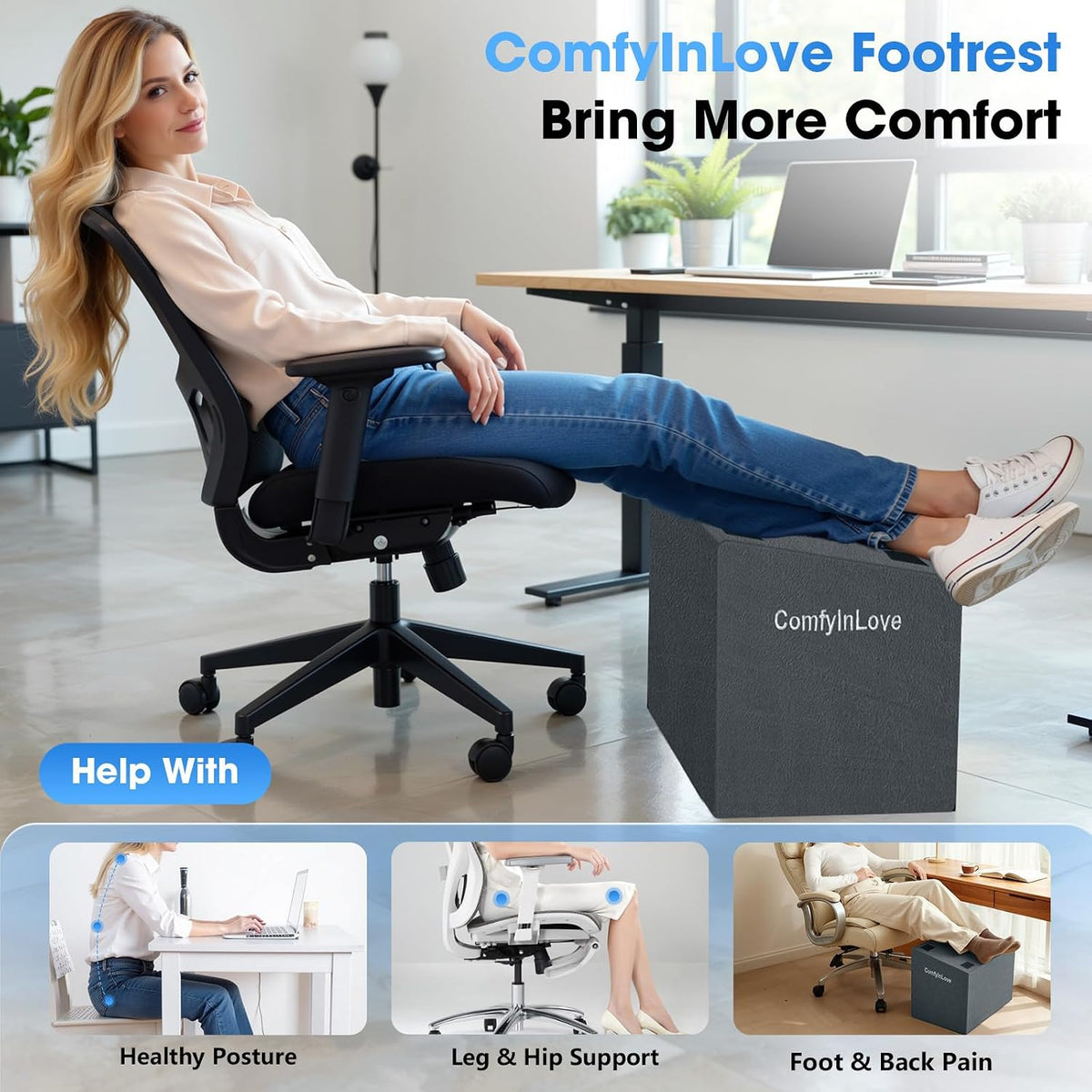 Foot Rest for Under Desk with 3 Heights, Foot Stool, Dark Grey