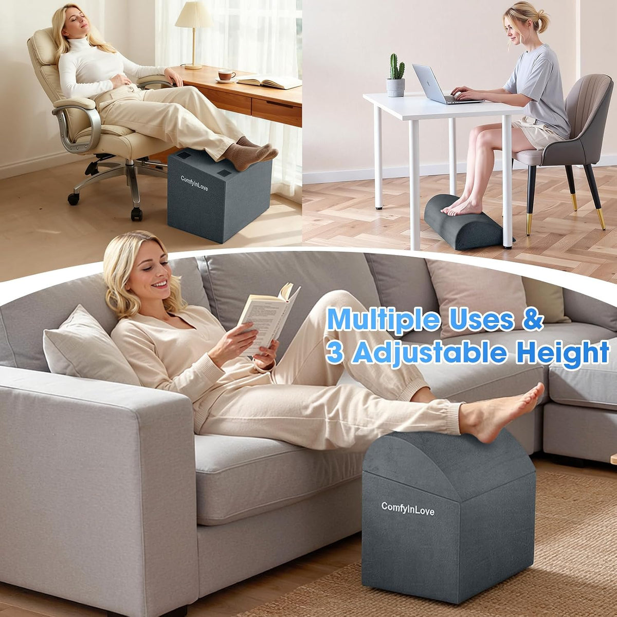 Foot Rest for Under Desk with 3 Heights, Foot Stool, Dark Grey