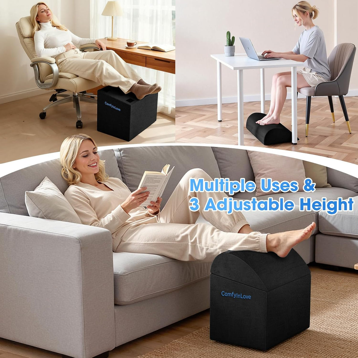 Foot Rest for Under Desk with 3 Heights, Foot Stool, Dark Grey