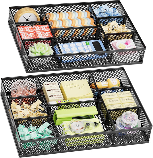 2 Pack Desk Drawer Organizer, Mesh Drawer Organizer Tray with 8 Adjustable Compartments, Desk Organizers and Accessories, 5 Dividers Drawer for Office Supplies, Makeup & Vanity (Black)