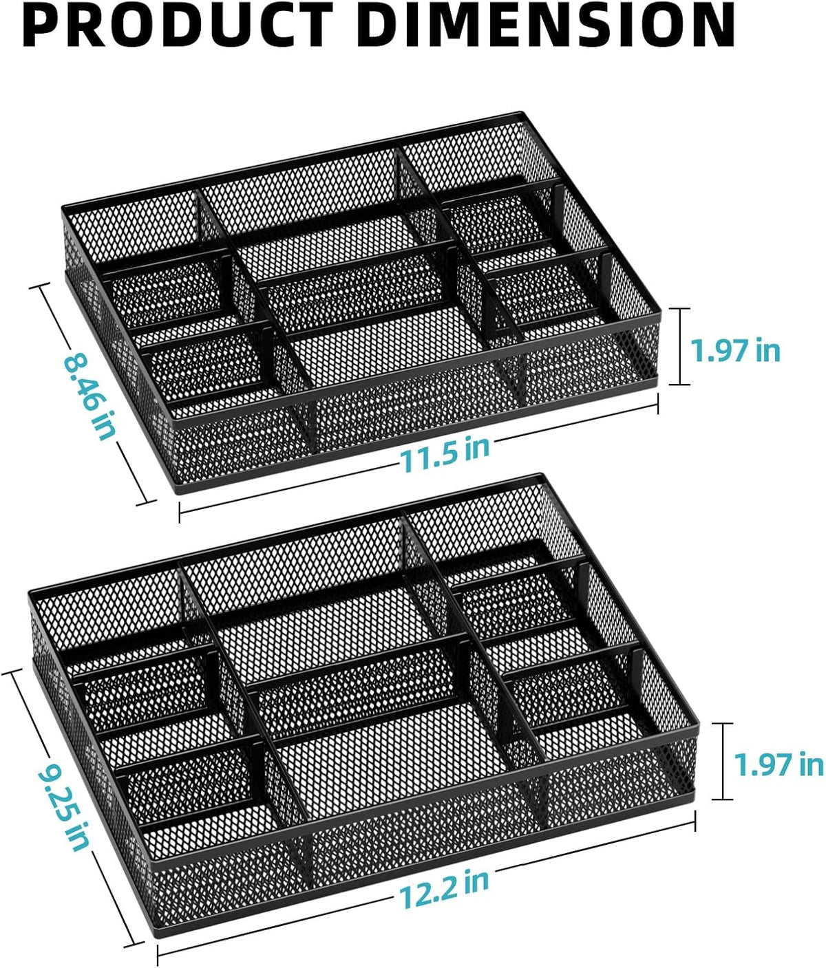 2 Pack Desk Drawer Organizer, Mesh Drawer Organizer Tray with 8 Adjustable Compartments, Desk Organizers and Accessories, 5 Dividers Drawer for Office Supplies, Makeup & Vanity (Black)