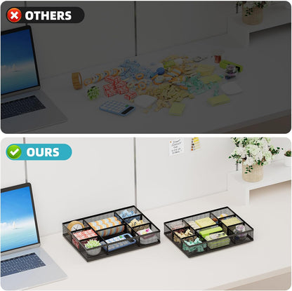 2 Pack Desk Drawer Organizer, Mesh Drawer Organizer Tray with 8 Adjustable Compartments, Desk Organizers and Accessories, 5 Dividers Drawer for Office Supplies, Makeup & Vanity (Black)
