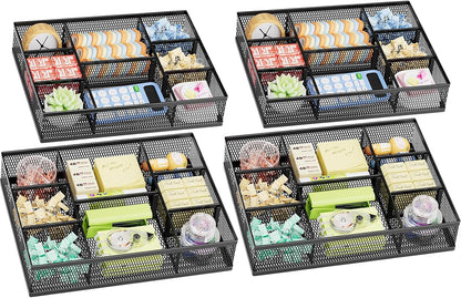 2 Pack Desk Drawer Organizer, Mesh Drawer Organizer Tray with 8 Adjustable Compartments, Desk Organizers and Accessories, 5 Dividers Drawer for Office Supplies, Makeup & Vanity (Black)