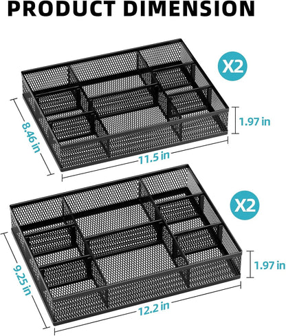 2 Pack Desk Drawer Organizer, Mesh Drawer Organizer Tray with 8 Adjustable Compartments, Desk Organizers and Accessories, 5 Dividers Drawer for Office Supplies, Makeup & Vanity (Black)