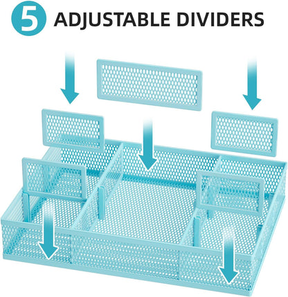 2 Pack Desk Drawer Organizer, Mesh Drawer Organizer Tray with 8 Adjustable Compartments, Desk Organizers and Accessories, 5 Dividers Drawer for Office Supplies, Makeup & Vanity (Black)