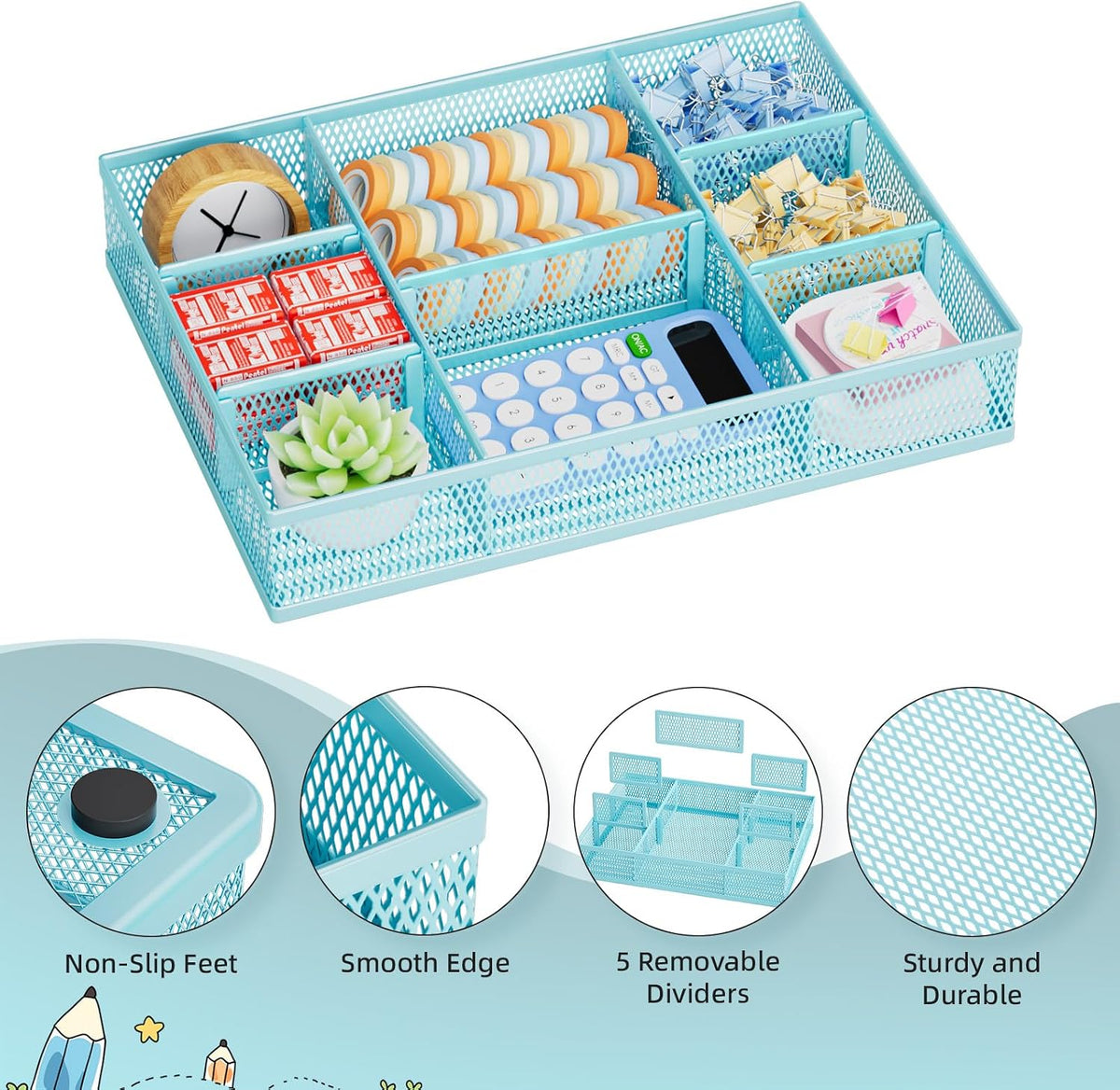 2 Pack Desk Drawer Organizer, Mesh Drawer Organizer Tray with 8 Adjustable Compartments, Desk Organizers and Accessories, 5 Dividers Drawer for Office Supplies, Makeup & Vanity (Black)