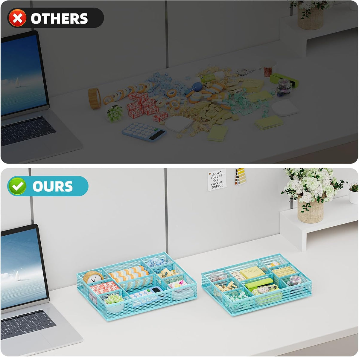 2 Pack Desk Drawer Organizer, Mesh Drawer Organizer Tray with 8 Adjustable Compartments, Desk Organizers and Accessories, 5 Dividers Drawer for Office Supplies, Makeup & Vanity (Black)