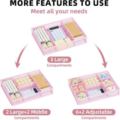 2 Pack Desk Drawer Organizer, Mesh Drawer Organizer Tray with 8 Adjustable Compartments, Desk Organizers and Accessories, 5 Dividers Drawer for Office Supplies, Makeup & Vanity (Black)