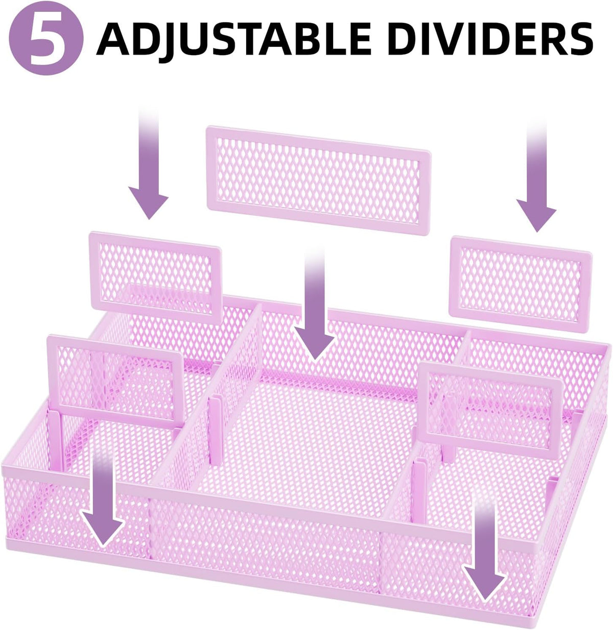 2 Pack Desk Drawer Organizer, Mesh Drawer Organizer Tray with 8 Adjustable Compartments, Desk Organizers and Accessories, 5 Dividers Drawer for Office Supplies, Makeup & Vanity (Black)