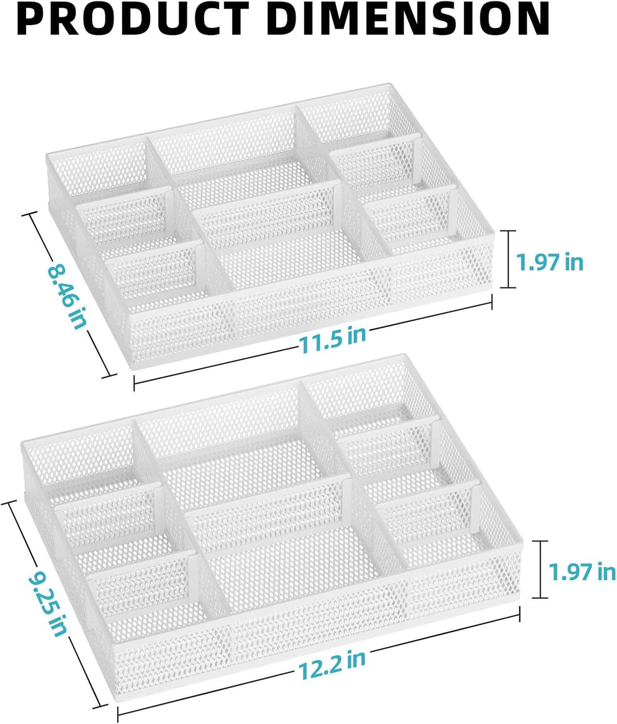 2 Pack Desk Drawer Organizer, Mesh Drawer Organizer Tray with 8 Adjustable Compartments, Desk Organizers and Accessories, 5 Dividers Drawer for Office Supplies, Makeup & Vanity (Black)