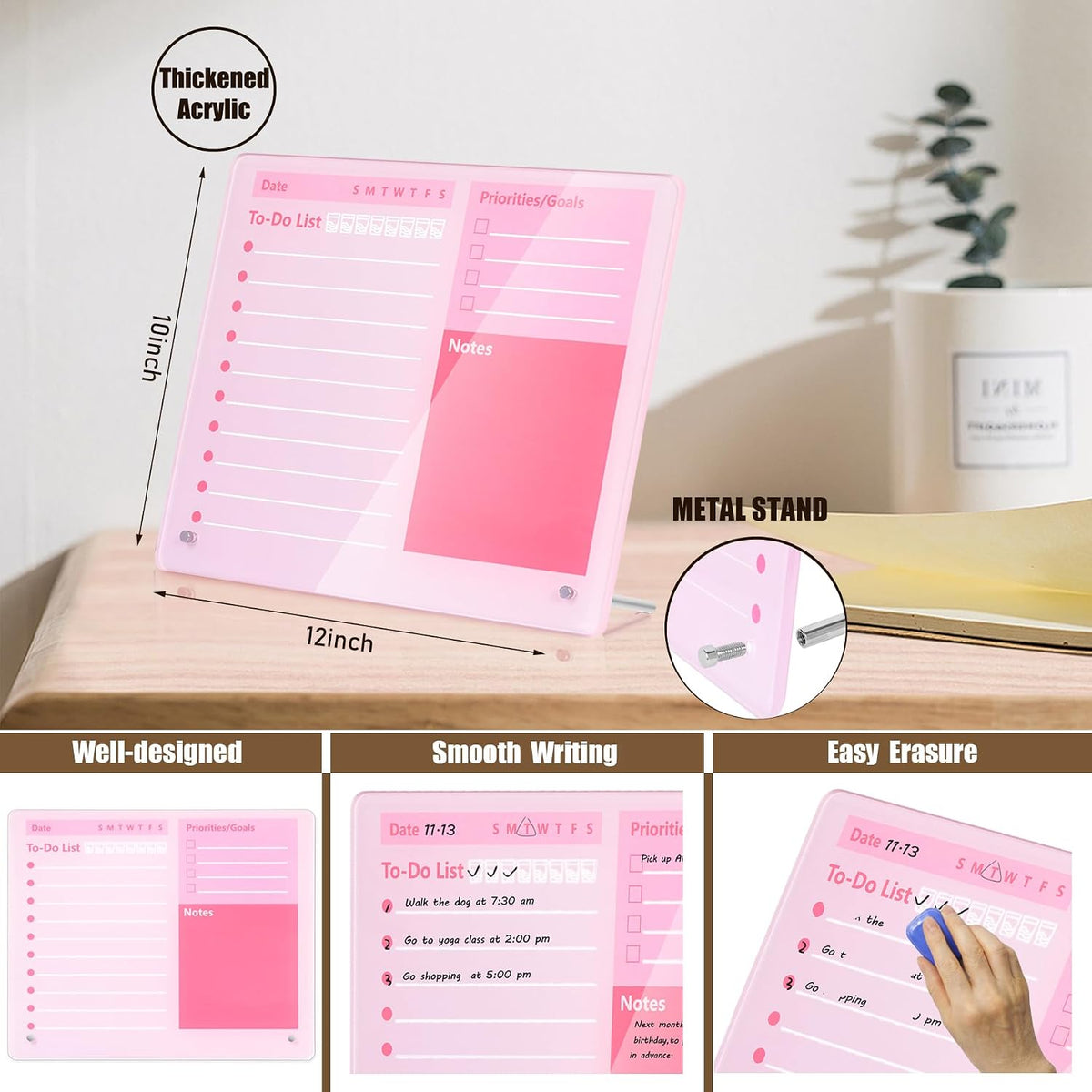 Desktop Thickened Acrylic Dry Erase Board to do List Planner Board，12"x10"，Tabletop Whiteboard with Stand，Frameless Pink Dry Erase White Board，for Office/Home/School