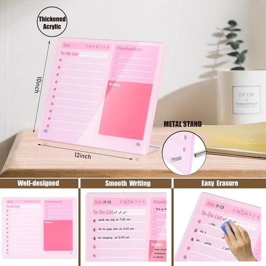 Desktop Thickened Acrylic Dry Erase Board to do List Planner Board，12"x10"，Tabletop Whiteboard with Stand，Frameless Pink Dry Erase White Board，for Office/Home/School