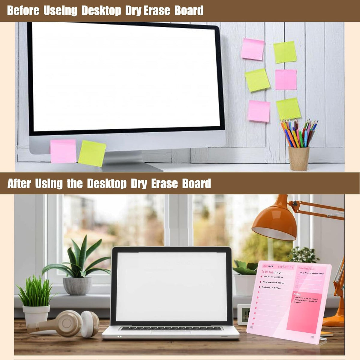 Desktop Thickened Acrylic Dry Erase Board to do List Planner Board，12"x10"，Tabletop Whiteboard with Stand，Frameless Pink Dry Erase White Board，for Office/Home/School