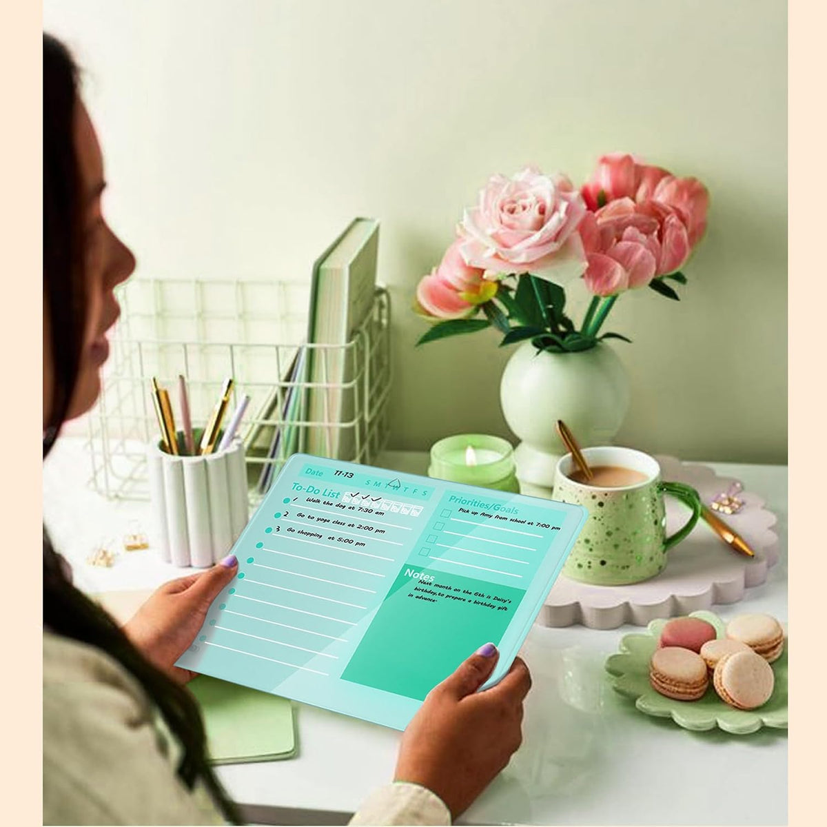 Desktop Thickened Acrylic Dry Erase Board to do List Planner Board，12"x10"，Tabletop Whiteboard with Stand，Frameless Pink Dry Erase White Board，for Office/Home/School