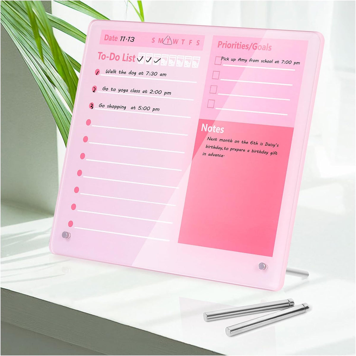 Desktop Thickened Acrylic Dry Erase Board to do List Planner Board，12"x10"，Tabletop Whiteboard with Stand，Frameless Pink Dry Erase White Board，for Office/Home/School
