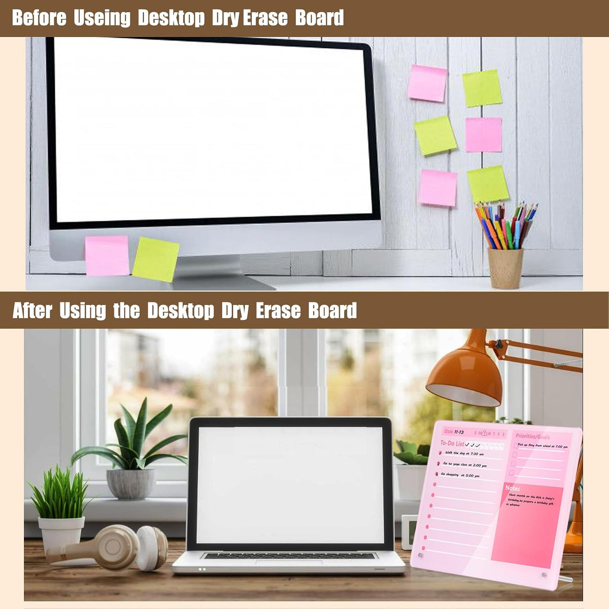 Desktop Thickened Acrylic Dry Erase Board to do List Planner Board，12"x10"，Tabletop Whiteboard with Stand，Frameless Pink Dry Erase White Board，for Office/Home/School