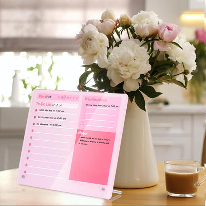 Desktop Thickened Acrylic Dry Erase Board to do List Planner Board，12"x10"，Tabletop Whiteboard with Stand，Frameless Pink Dry Erase White Board，for Office/Home/School