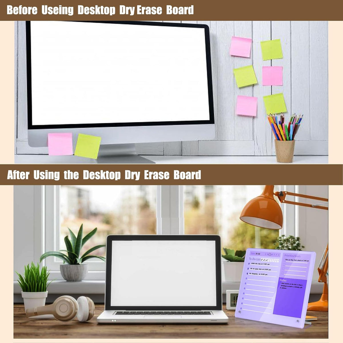 Desktop Thickened Acrylic Dry Erase Board to do List Planner Board，12"x10"，Tabletop Whiteboard with Stand，Frameless Pink Dry Erase White Board，for Office/Home/School