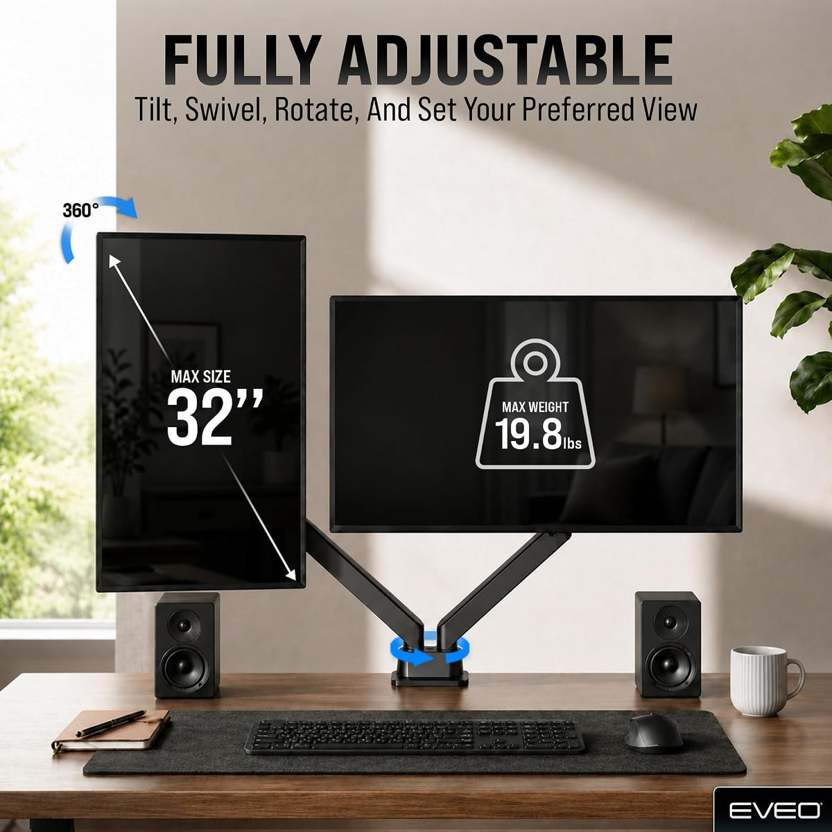 Premium Dual Monitor Mount 14"-32” Dual Monitor Arm VESA Bracket Adjustable Height Gas Spring Dual Monitor Stand, Screen Full Motion Dual Monitor Arm-Computer Monitor Stand for 2 Screens - Black