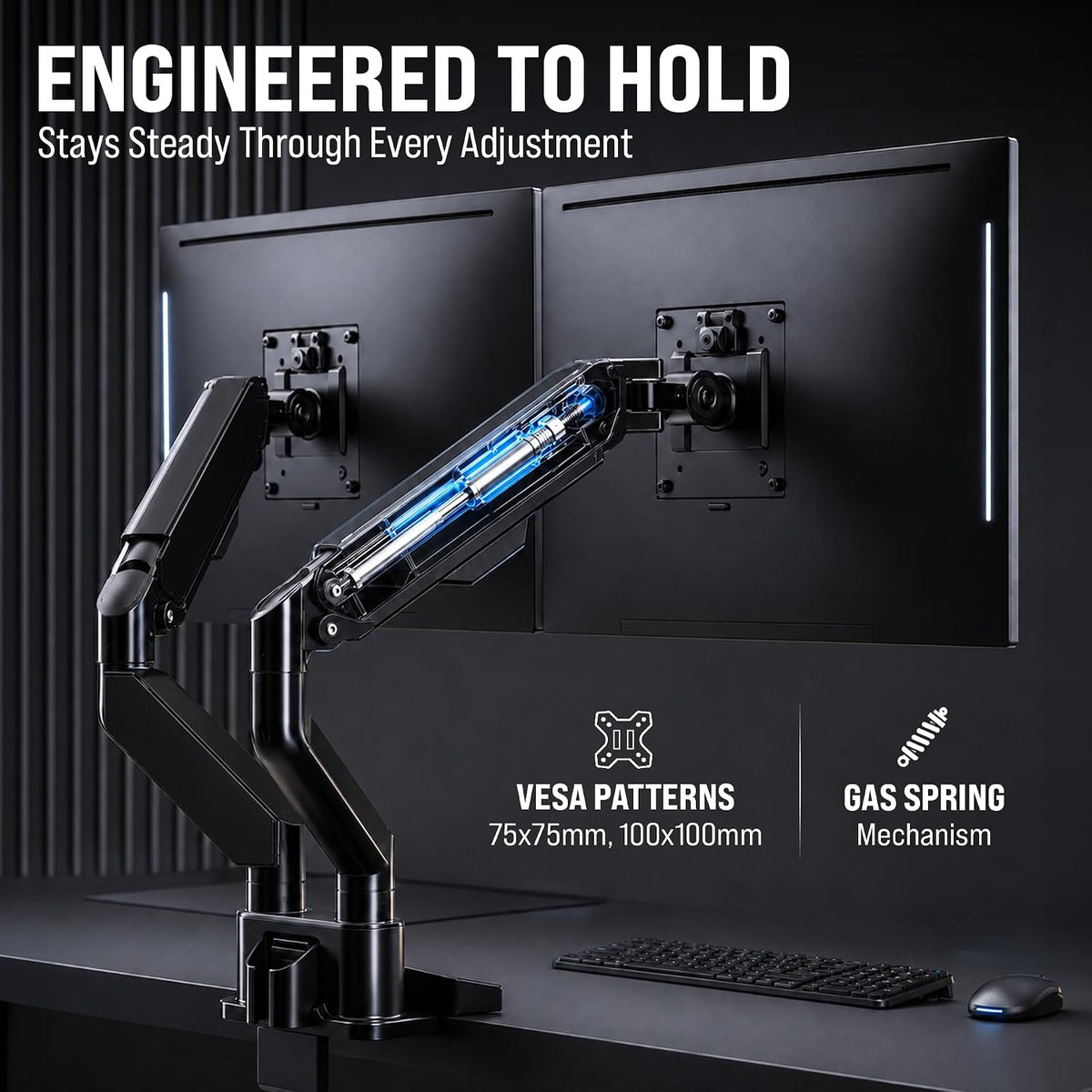 Premium Dual Monitor Mount 14"-32” Dual Monitor Arm VESA Bracket Adjustable Height Gas Spring Dual Monitor Stand, Screen Full Motion Dual Monitor Arm-Computer Monitor Stand for 2 Screens - Black