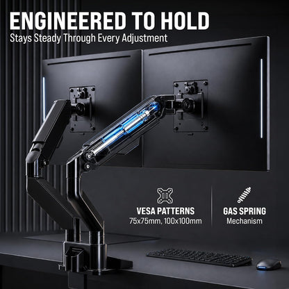 Premium Dual Monitor Mount 14"-32” Dual Monitor Arm VESA Bracket Adjustable Height Gas Spring Dual Monitor Stand, Screen Full Motion Dual Monitor Arm-Computer Monitor Stand for 2 Screens - Black