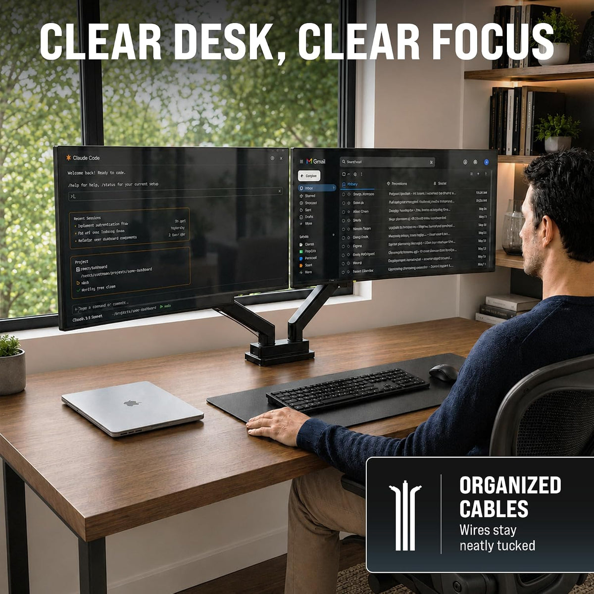 Premium Dual Monitor Mount 14"-32” Dual Monitor Arm VESA Bracket Adjustable Height Gas Spring Dual Monitor Stand, Screen Full Motion Dual Monitor Arm-Computer Monitor Stand for 2 Screens - Black