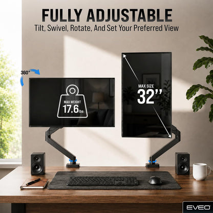 Premium Dual Monitor Mount 14"-32” Dual Monitor Arm VESA Bracket Adjustable Height Gas Spring Dual Monitor Stand, Screen Full Motion Dual Monitor Arm-Computer Monitor Stand for 2 Screens - Black