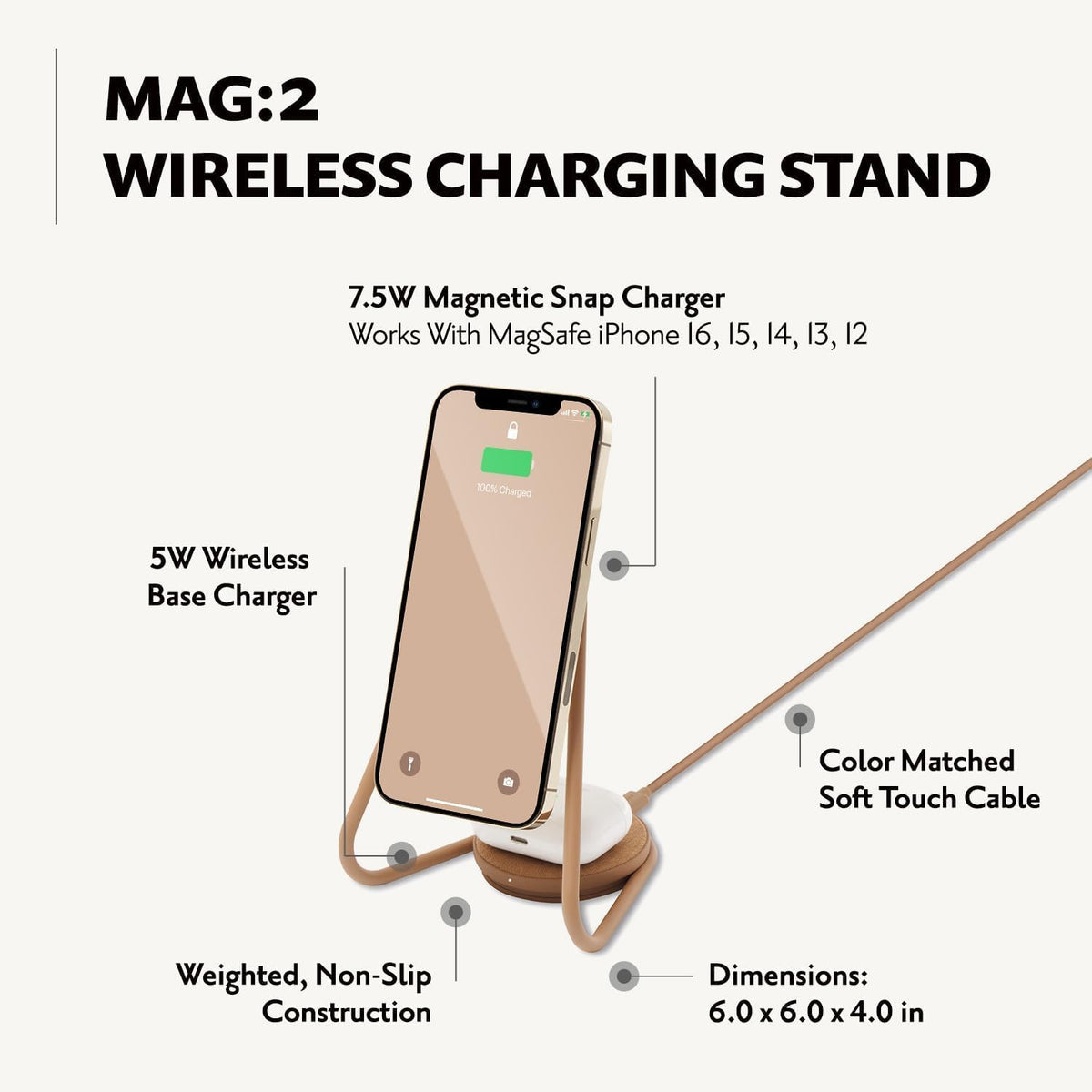 W&P MAG:2 Wireless Charging Stand - Belgian Linen, 2 in 1 Multi-Device Charger - Magnetic Stand for MagSafe iPhones 16, 15, 14, 13, 12 with Charging Base for AirPod Cases, (Forest)