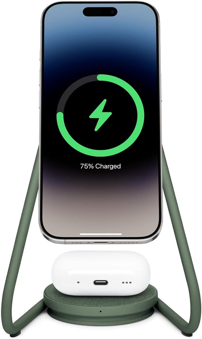 W&P MAG:2 Wireless Charging Stand - Belgian Linen, 2 in 1 Multi-Device Charger - Magnetic Stand for MagSafe iPhones 16, 15, 14, 13, 12 with Charging Base for AirPod Cases, (Forest)