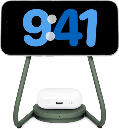 W&P MAG:2 Wireless Charging Stand - Belgian Linen, 2 in 1 Multi-Device Charger - Magnetic Stand for MagSafe iPhones 16, 15, 14, 13, 12 with Charging Base for AirPod Cases, (Forest)