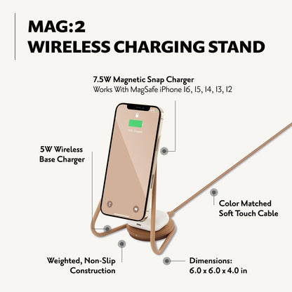 W&P MAG:2 Wireless Charging Stand - Belgian Linen, 2 in 1 Multi-Device Charger - Magnetic Stand for MagSafe iPhones 16, 15, 14, 13, 12 with Charging Base for AirPod Cases, (Forest)