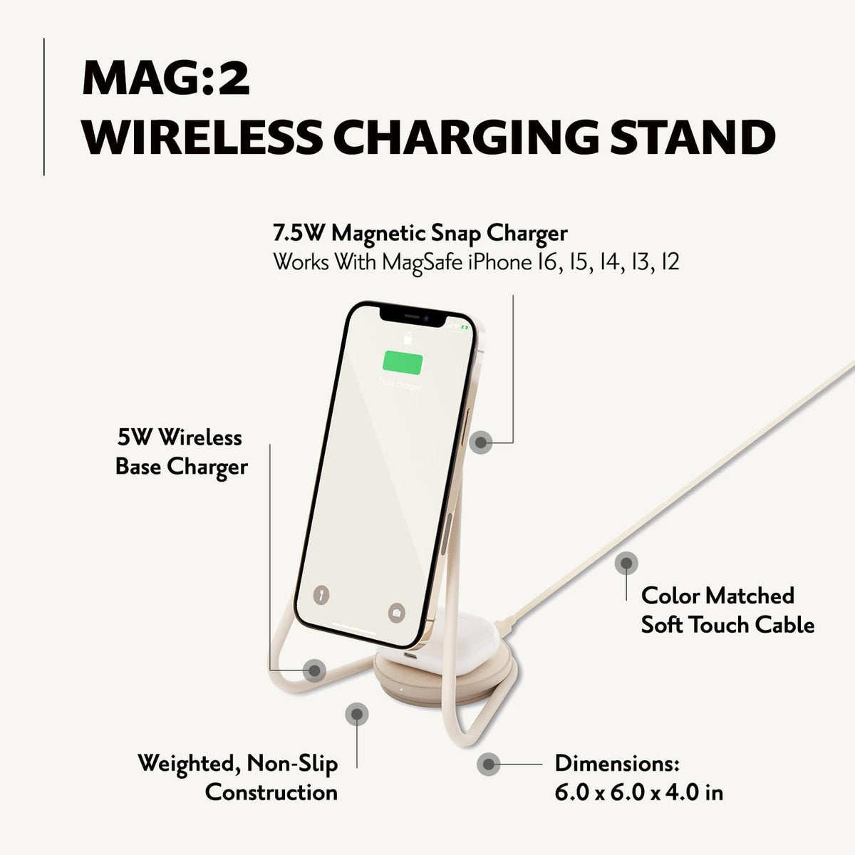 W&P MAG:2 Wireless Charging Stand - Belgian Linen, 2 in 1 Multi-Device Charger - Magnetic Stand for MagSafe iPhones 16, 15, 14, 13, 12 with Charging Base for AirPod Cases, (Forest)
