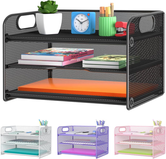 3 Tier Letter Tray Paper Organizer with Handle, Mesh Desk Organizer Paper Sorter File Rack Shelves, Black