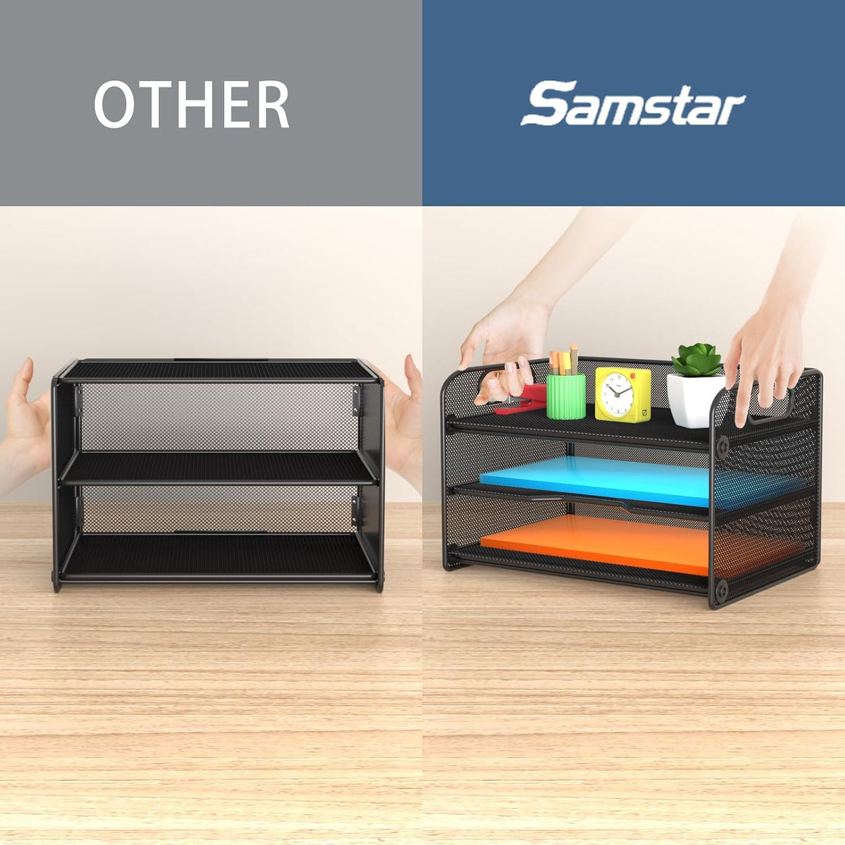 3 Tier Letter Tray Paper Organizer with Handle, Mesh Desk Organizer Paper Sorter File Rack Shelves, Black