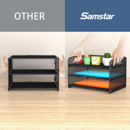 3 Tier Letter Tray Paper Organizer with Handle, Mesh Desk Organizer Paper Sorter File Rack Shelves, Black