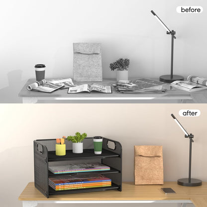 3 Tier Letter Tray Paper Organizer with Handle, Mesh Desk Organizer Paper Sorter File Rack Shelves, Black