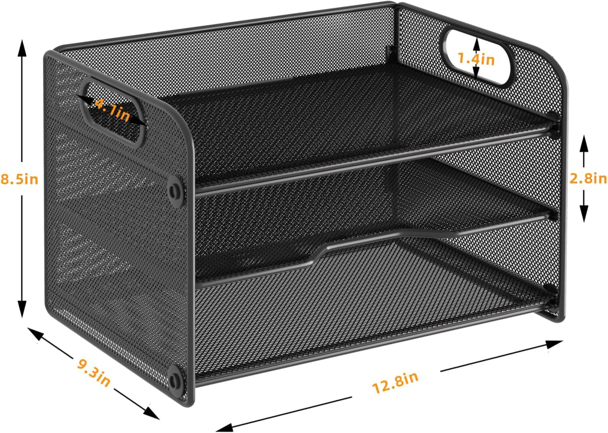 3 Tier Letter Tray Paper Organizer with Handle, Mesh Desk Organizer Paper Sorter File Rack Shelves, Black