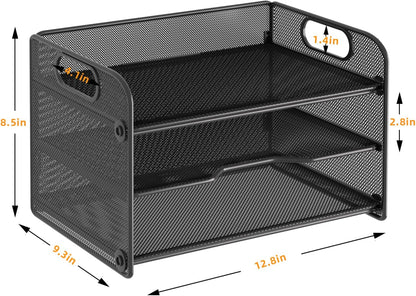 3 Tier Letter Tray Paper Organizer with Handle, Mesh Desk Organizer Paper Sorter File Rack Shelves, Black