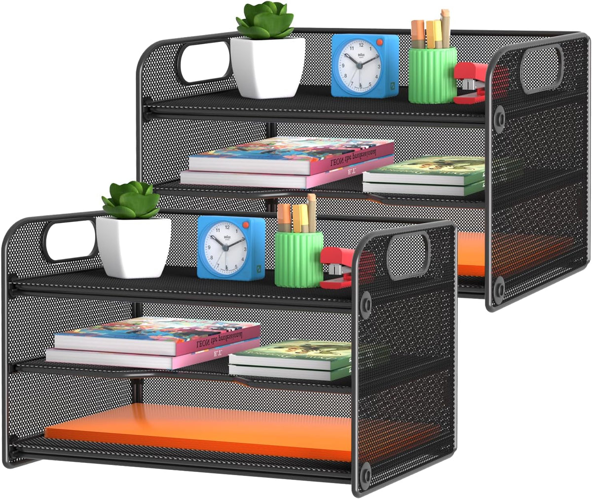3 Tier Letter Tray Paper Organizer with Handle, Mesh Desk Organizer Paper Sorter File Rack Shelves, Black