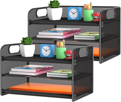 3 Tier Letter Tray Paper Organizer with Handle, Mesh Desk Organizer Paper Sorter File Rack Shelves, Black