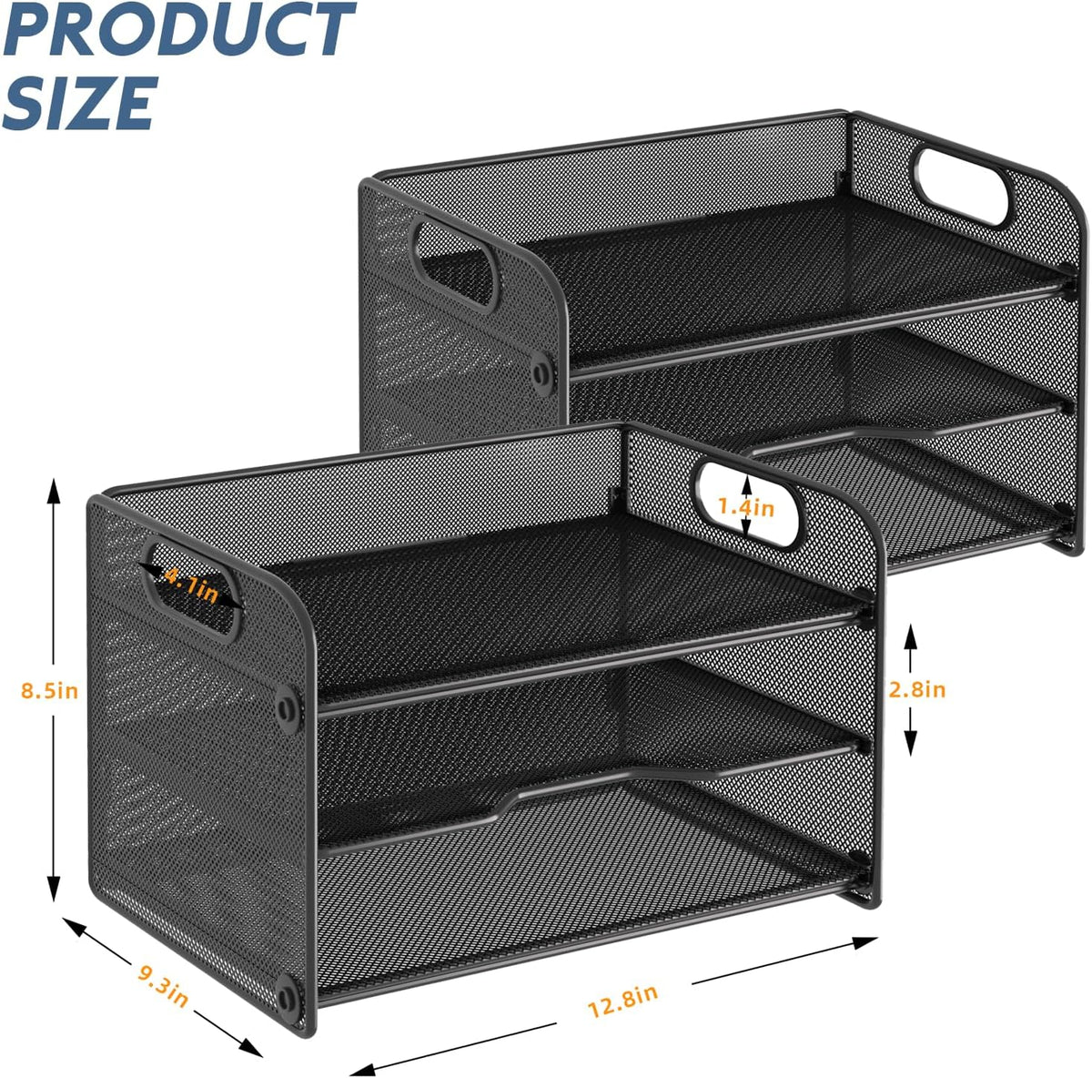 3 Tier Letter Tray Paper Organizer with Handle, Mesh Desk Organizer Paper Sorter File Rack Shelves, Black