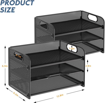 3 Tier Letter Tray Paper Organizer with Handle, Mesh Desk Organizer Paper Sorter File Rack Shelves, Black