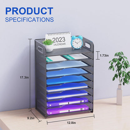 3 Tier Letter Tray Paper Organizer with Handle, Mesh Desk Organizer Paper Sorter File Rack Shelves, Black