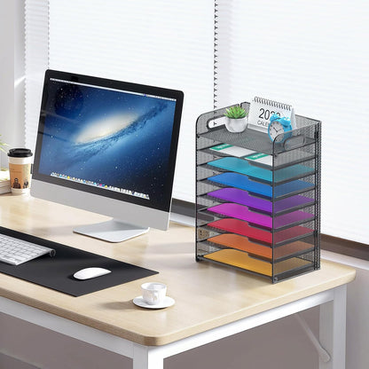 3 Tier Letter Tray Paper Organizer with Handle, Mesh Desk Organizer Paper Sorter File Rack Shelves, Black
